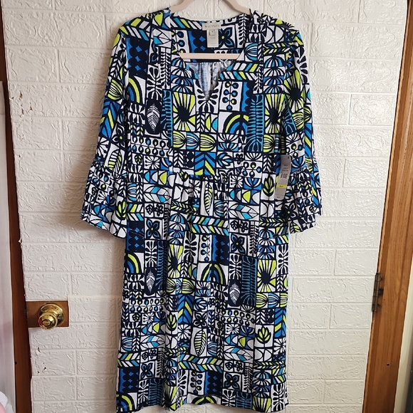 Multiples Dresses & Skirts - Multiples Blue and Green Geometric Long Sleeve Dress